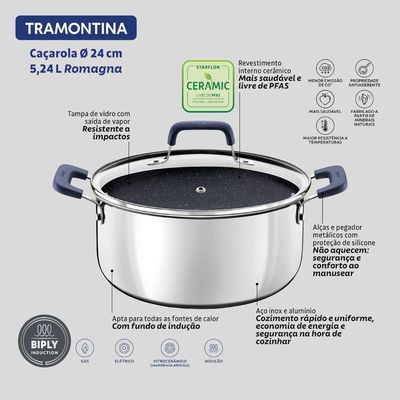 Caçarola Tramontina Romagna Aço Inox Cerâmico Black Stone 24 Cm 5,24 L