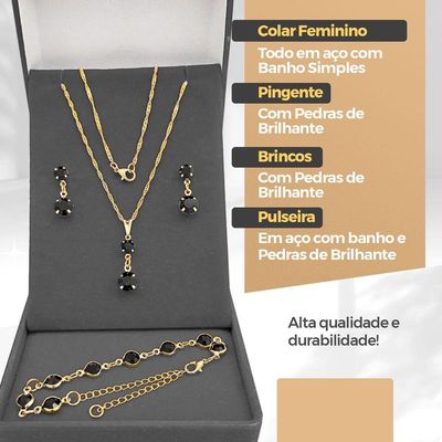 Corrente Veneziana Feminina + Pulseira + Brincos + Pingente Aço Inoxidável Strass Preto Dourada Moda
