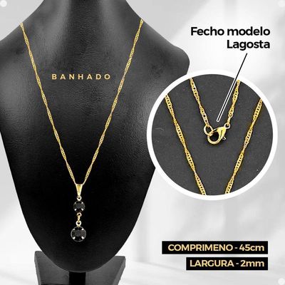 Corrente Veneziana Feminina + Pulseira + Brincos + Pingente Aço Inoxidável Strass Preto Dourada Moda