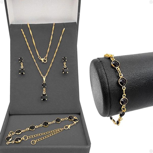 Corrente Veneziana Feminina + Pulseira + Brincos + Pingente Aço Inoxidável Strass Preto Dourada Moda