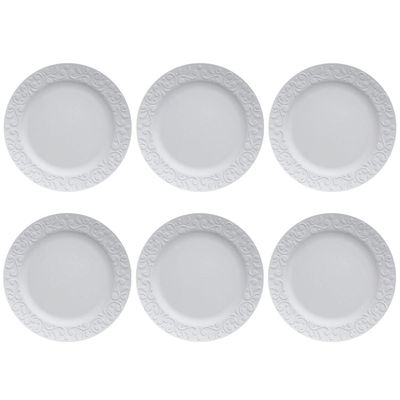 Jogo 6 Pratos Rasos Redondos 26,5cm em Porcelana com Relevo Tassel Germer Branco