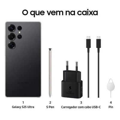 Smartphone Samsung Galaxy S25 Ultra 256GB 5G - Titânio Preto, Caneta S Pen, Câmera Quadrupla 200MP, RAM 12GB, Tela 6.9"