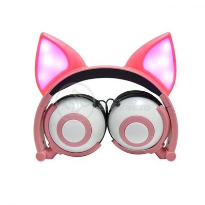 Fone De Ouvido Gatinho Fio Com Led Dobrável Microfone Rosa