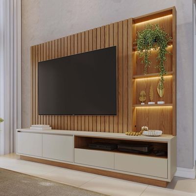Estante Painel Ripado Para Tv 82 Pol Led 240cm Jolie C04 Freijó Off White Matte - Lyam Decor