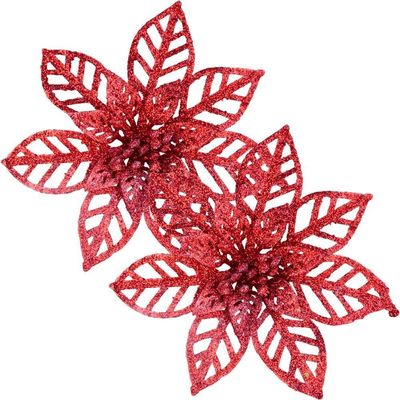 Kit 24 Flores Gliter Vermelha Decoração árvore De Natal 14cm