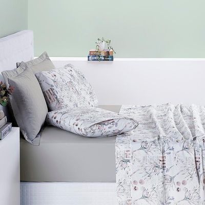 Jogo De Cama Lençol Maggy Casal 4 Peças Percale 200 Fios Estampado Portea Floral Cinza 80% Algodão - 20% Poliéster