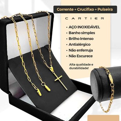 Corrente Banhada Aço Inox Pingente Crucifixo Pulseira Spaceman Tijolinho Dourado
