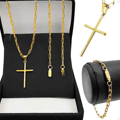 Corrente Banhada Aço Inox Pingente Crucifixo Pulseira Spaceman Tijolinho Dourado