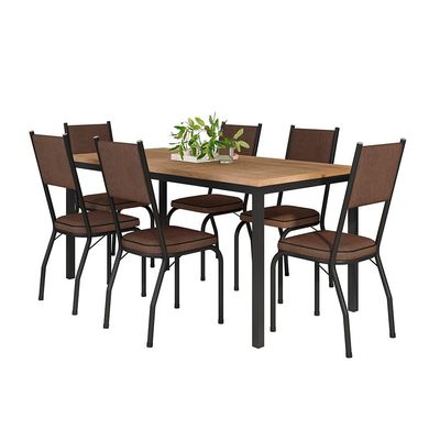 Conjunto de Mesa Retangular com Tampo de MDF Amadeirado e 6 Cadeiras Adriana Revestimento Sintético Imbuia e Preto