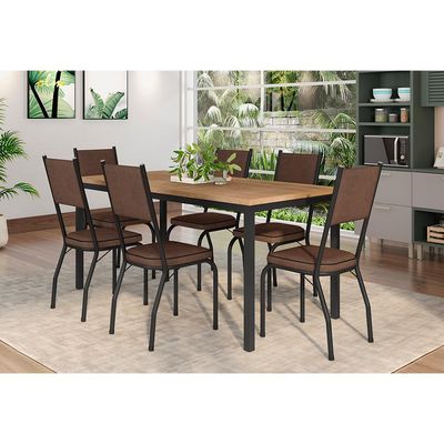 Conjunto de Mesa Retangular com Tampo de MDF Amadeirado e 6 Cadeiras Adriana Revestimento Sintético Imbuia e Preto
