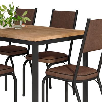Conjunto de Mesa Retangular com Tampo de MDF Amadeirado e 6 Cadeiras Adriana Revestimento Sintético Imbuia e Preto