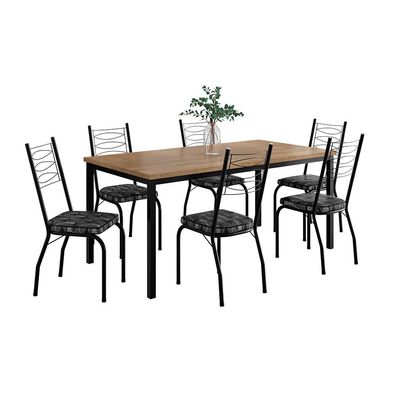Conjunto de Mesa Retangular com Tampo de MDP Amadeirado e 6 Cadeiras Adriana I Revestimento Sintético Silver e Preto