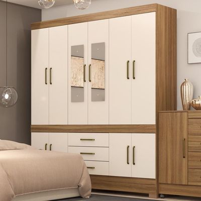 Guarda Roupa Casal 10 Portas Com Espelho E 3 Gavetas New Murano Amêndola Touch-off Whit
