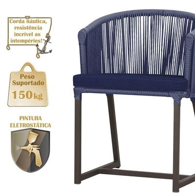 3 Cadeiras De Jantar Noronha Marrom Corda Náutica E10 Trama Azul