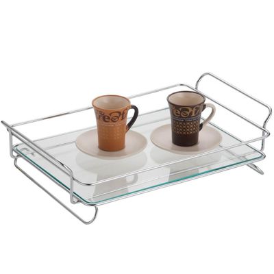 Bandeja De Vidro Retangular Aramada Decorativa Para Banheiro Lavabo Iris Cromado