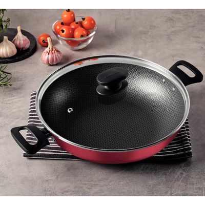 Wok em Alumínio 28cm Loreto 3,3L Tramontina Antiaderente Panela com Tampa e Alças Vermelha