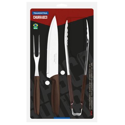Kit Garfo Trinchante Pegador Faca Churrasco 8'' Tramontina Plenus 3 Peças Marrom