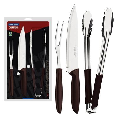 Kit Garfo Trinchante Pegador Faca Churrasco 8'' Tramontina Plenus 3 Peças Marrom