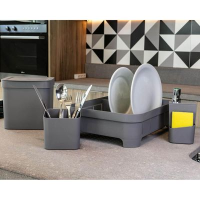 Kit Pia Cozinha Escorredor De Louça E Talheres Lixeira 4,7l Chumbo