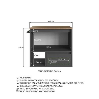 Gabinete Suspenso 60cm Mel Grafite 1 Nicho Toalheiro Gaveta BH8050MG