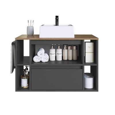 Gabinete Suspenso 80cm Mel Grafite com Nichos Gaveta e Cuba BH8010MGCUBA