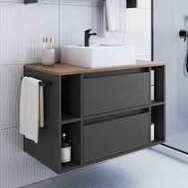Gabinete Suspenso 80cm Mel Grafite com Nichos Gaveta e Cuba BH8010MGCUBA