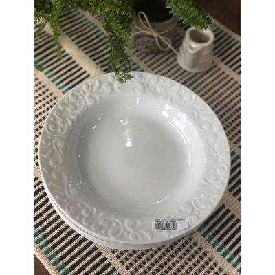 Jogo 6 Pratos Fundos Redondos 23,5cm em Porcelana com Relevo Tassel Germer Branco