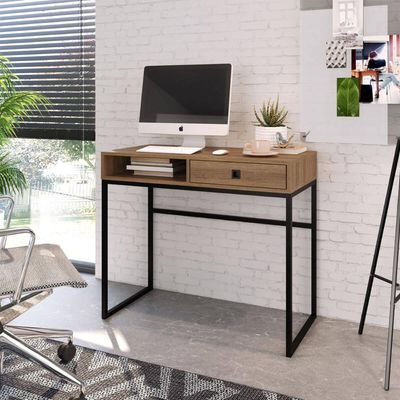 Escrivaninha Com Gaveta Mesa De Computador Mel 91cm e Nicho Placa e Ponto Estilo Industrial