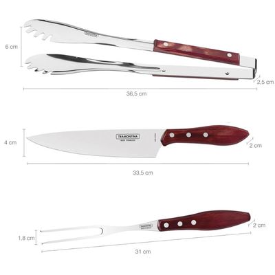 Jogo Churrasco Aço Inox Barbecue 3 peças Polywood Tramontina Vermelho