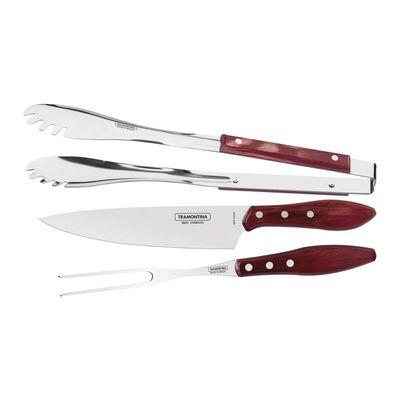 Jogo Churrasco Aço Inox Barbecue 3 peças Polywood Tramontina Vermelho