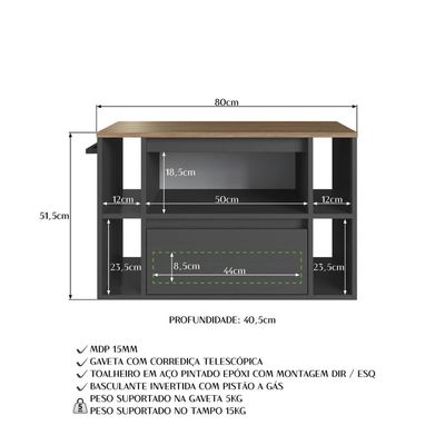 Gabinete Suspenso 80cm 4 Nichos Toalheiro Gaveta Mel Grafite BH8010MG