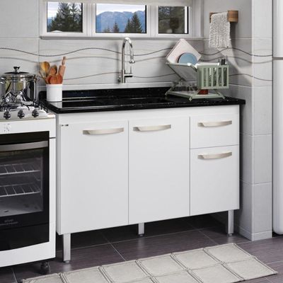 Balcão Flat De Cozinha Para Pia 3 Portas 1 Gaveta Rorato Branco