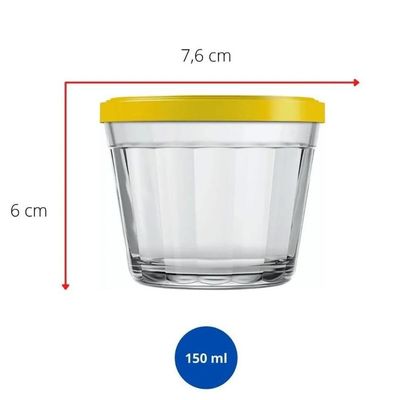 Kit 12 Potes Americanos Tigelas Pequenas de Vidro 150ml Marinex com Tampa Plástica Colorida