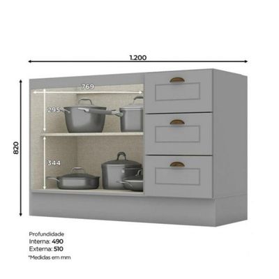 Cozinha Modulada 3 Peças Com Tampo Henn Americana Cinza