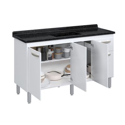 Balcão Flat De Cozinha Para Pia 4 Portas 1 Gaveta 1,43 Metros Branco