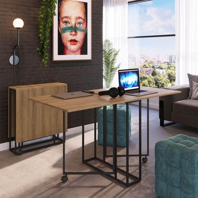 Mesa Dobrável Industrial Preto e Mel 142x68cm Placa e Ponto Mesa De Jantar ou Escritório