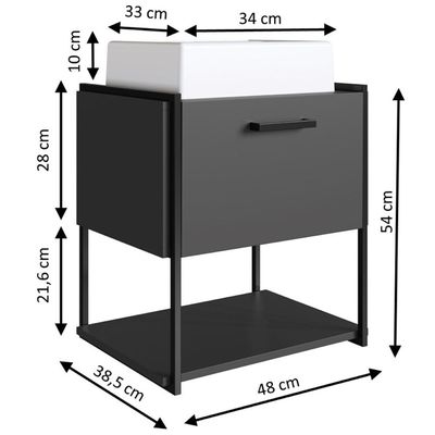 Gabinete Suspenso Banheiro 50x38,5x54cm Porta e Cuba Grafite Industrial Grafite