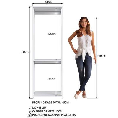 Guarda Roupa Closet com 2 Cabideiro Branco 60x45x183cm Modulo Arara