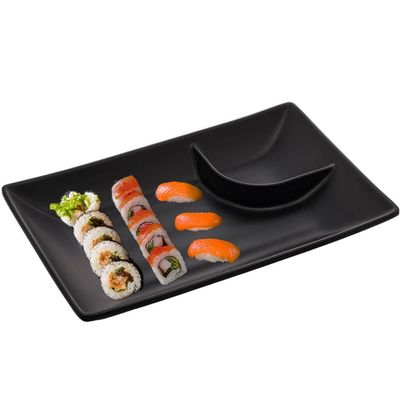 Kit 2 Pratos para Sushi com Molheira Melamina Pretos 19x12,5cm Lyor Tóquio Retangulares