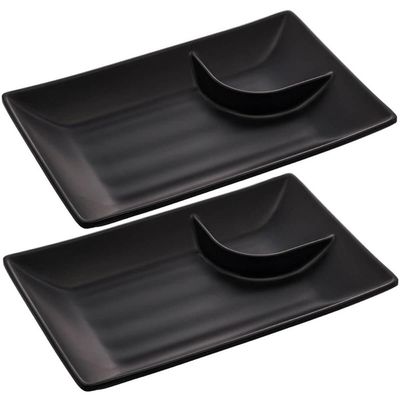 Kit 2 Pratos para Sushi com Molheira Melamina Pretos 19x12,5cm Lyor Tóquio Retangulares