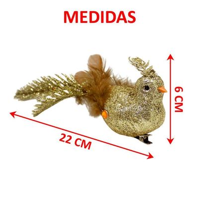 Kit 2 Presilha Pássaro Decoração Natalina Dourado Com Gliter