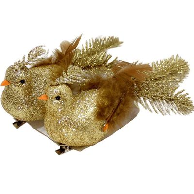 Kit 2 Presilha Pássaro Decoração Natalina Dourado Com Gliter