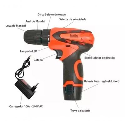 Parafusadeira Portátil 12v Sem Fio Com Bateria Bivolt