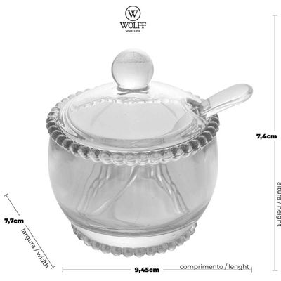 Açucareiro Wolff Pearl de Cristal com Colher 200ml Porta Açúcar de Mesa Posta Refinada