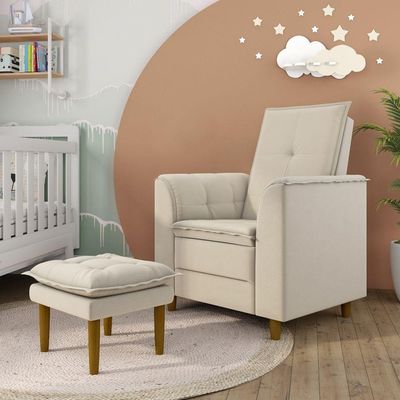 Poltrona Decorativa Amamentação Reforçada E Puff Mavie Suede bege