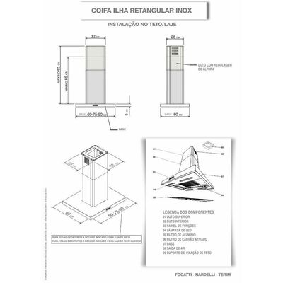 Coifa Ilha 90cm Retangular Fogatti Inox 220v