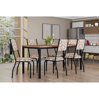 Conjunto de Mesa Retangular com Tampo de MDF Amadeirado e 6 Cadeiras Adriana Revestimento Sintético Cedro e Preto