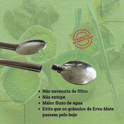 Bomba de Chimarrão 19cm Bojo Plano 800 Furos Inox 304 Detalhe Cuia Liso