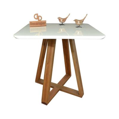 Mesa Jantar Base X Tampo Quadrado Laca Com Vidro 80cm Branco