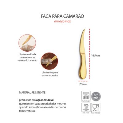Faca para Camarao Limpar Cortar Frutos Mar Aço Inox Dourado